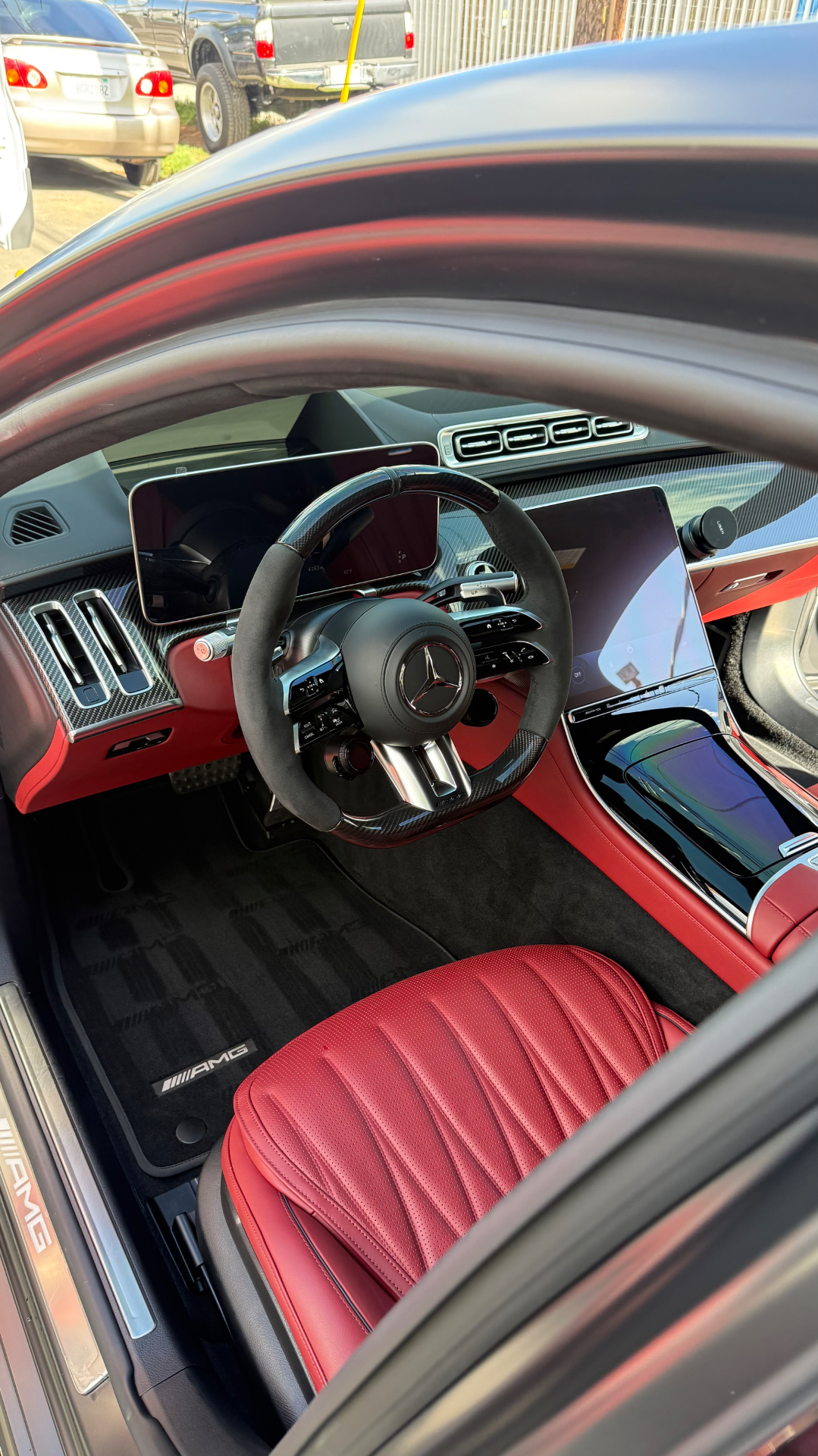 Mercedes-AMG interior with red leather seats after a Redline Detail interior detail